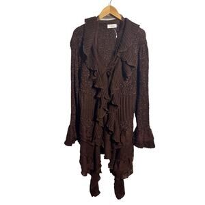 Simply Couture Cardigan Women 2XL Brown Knitted Lace Ruffle Bell Sleeve Y2K Boho